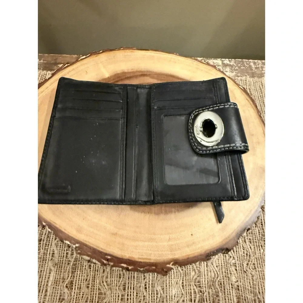 Vintage Coach Black Leather Bifold Wallet Hampton Turnlock Contrast White Stitch